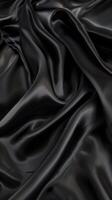 Intricate folds and contours of glossy black fabric form hypnotic patterns, revealing the sculptural qualities of the sumptuous textile. photo