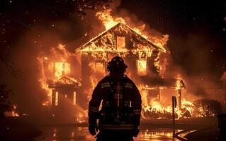 A firefighter silhouetted against a blazing house fire at night, illuminating the dark surroundings. photo