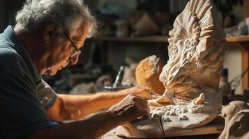 Skilled artisan intently carving details into a wooden sculpture in a well-lit workshop. photo