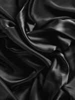 Dramatic black satin folds and curves create an abstract composition showcasing the rich sheen and shadowy depths of the fabric. photo