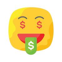 Rico emoji diseño, codicioso expresiones, dólar firmar en lengua vector