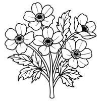 anémona flor ramo de flores contorno ilustración colorante libro página diseño, anémona flor ramo de flores negro y blanco línea Arte dibujo colorante libro paginas para niños y adultos vector