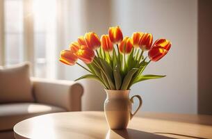 White and light pink red yellow tulips bouquet in jug sun light window modern interrior bokeh spring photo