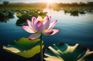 Beautiful water lily lotus flower with leaves on lake water surface maditation zen asian flora botany sun light summer photo