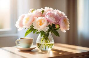 White and light pink peonies bouquet in vase glass with mug cup of coffee latte cappuccino sun light window modern interrior bokeh spring photo