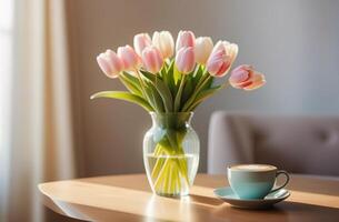 White and light pink tulips bouquet in vase glass with mug cup of coffee latte cappuccino sun light window modern interrior bokeh spring photo