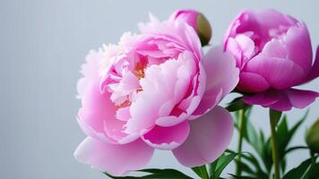 Pink peonies on the right side banner grey solid background space for text copy space close up flowerspetals leaves garden flowers photo