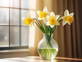 Fresh spring flowers narcissus bouquet in glass vase on table modern light interrior mothers day valentines photo