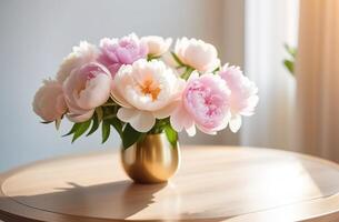 White and light pink peonies bouquet in vase iron with mug sun light window modern interrior bokeh spring photo
