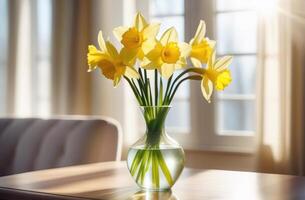 Fresh spring flowers narcissus bouquet in glass vase on table modern light interrior mothers day valentines photo