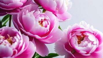 Pink peonies on banner grey solid background space for text copy space close up flowerspetals leaves garden flowers photo