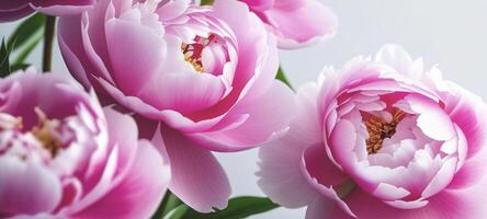 rosado peonías bandera gris sólido antecedentes espacio para texto Copiar espacio cerca arriba pétalos de flores hojas jardín flores foto