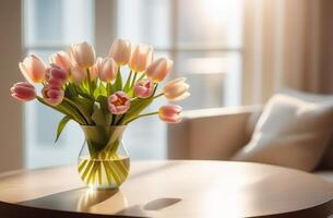 White and light pink tulips bouquet in vase glass with mug cup of coffee latte cappuccino sun light window modern interrior bokeh spring photo