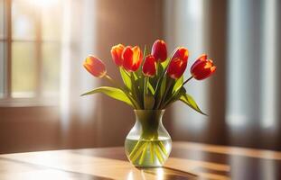 Fresh spring flowers red and yellow tulips bouquet in glass vase on table modern light interrior mothers day valentines photo