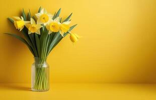 Fresh spring flowers narcissus bouquet in glass vase on yellow background mothers day valentines photo