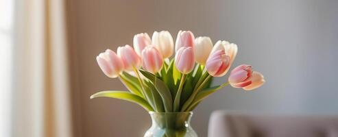 Beautiful fresh spring flowers banner white tulips bouquet in glass vase in light contemporary kitchen interrior photo