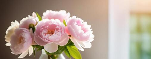 blanco y ligero rosado peonía ramo de flores primavera verano bandera espacio para texto Copiar espacio ventana Dom ligero florero moderno interrior bokeh foto