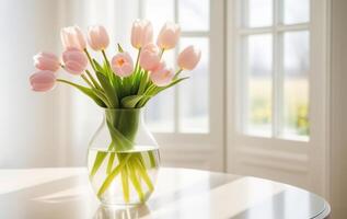 Fresh spring flowers light pink tulips bouquet in glass vase on table modern light interrior mothers day valentines photo