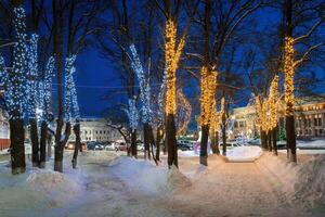 Winter park at night with christmas decorations, lights, pavement covered with snow and trees. photo