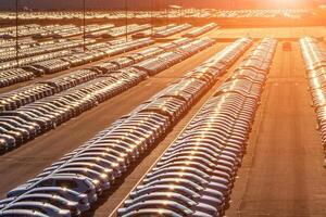 Volkswagen, Russia, Kaluga - NOVEMBER 1, 2022 New cars parked in a distribution center on a sunset, a car factory. Parking in the open air. photo