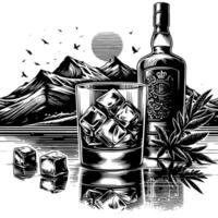 Black and white silhouette of a Glass Whisky Scotch on the Rocks vector