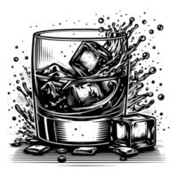 negro y blanco silueta de un vaso whisky escocés en el rocas vector