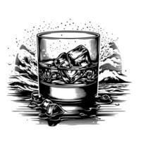 Black and white silhouette of a Glass Whisky Scotch on the Rocks vector