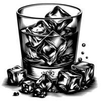 Black and white silhouette of a Glass Whisky Scotch on the Rocks vector