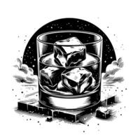 Black and white silhouette of a Glass Whisky Scotch on the Rocks vector