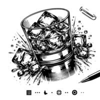 Black and white silhouette of a Glass Whisky Scotch on the Rocks vector