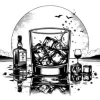 Black and white silhouette of a Glass Whisky Scotch on the Rocks vector