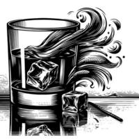 Black and white silhouette of a Glass Whisky Scotch on the Rocks vector