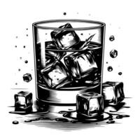 Black and white silhouette of a Glass Whisky Scotch on the Rocks vector