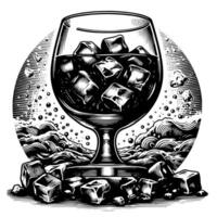 Black and white silhouette of a Glass Whisky Scotch on the Rocks vector