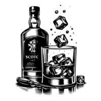 Black and white silhouette of a Glass Whisky Scotch on the Rocks vector