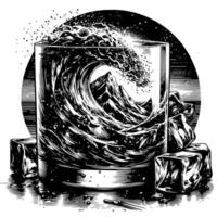 Black and white silhouette of a Glass Whisky Scotch on the Rocks vector