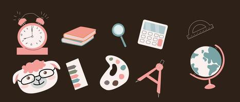School and education icons set. School globe, book, compass tool, ruler, alarm, sheep animal character. illustration can used for textile, poster, fabric design. vector