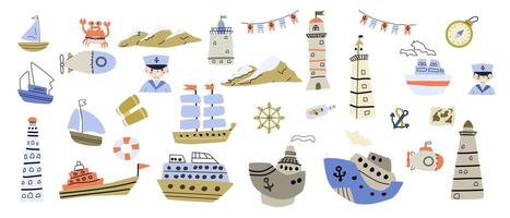 Nautical sea set of cartoon boat and ship, lighthouses, equipment. illustration for baby shower party, birthday nautical theme decoration, childish poster in scandinavian style. vector