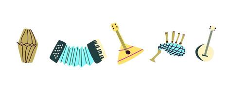 conjunto de musical instrumentos orquesta clásico y étnico instrumentos ilustración de tambor, guitarra, saxofón, trompeta, violín, banjo y otro. vector