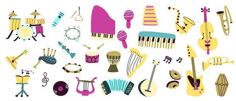 set of musical instruments. Orchestra classical and ethnic instruments. illustration of drum, guitar, saxophone, trumpet, violin, banjo and other. vector