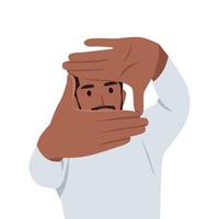 Young man focusing with his fingers, making frame with hands. Gesturing finger frame and looking through it. vector