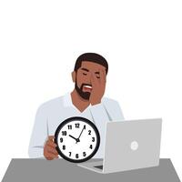 Sleepy worker and tiredness concept. Office worker sitting at laptop. vector