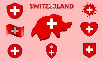 Collection of flat national flags of Switzerland with map vector