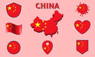 Collection of flat national flags of China with map vector