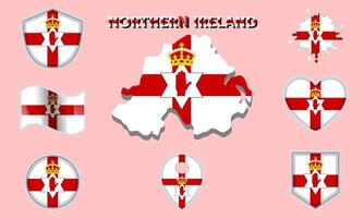 Collection of flat national flags of Northern Ireland with map vector