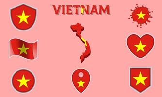 Collection of flat national flags of Vietnam with map vector