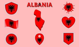 Collection of flat national flags of Albania with map vector