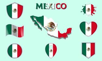 Collection of flat national flags of Mexico with map vector