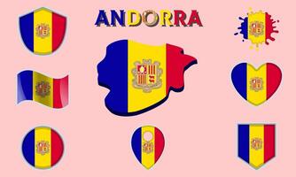 Collection of flat national flags of Andorra with map vector