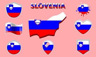 Collection of flat national flags of Slovenia with map vector